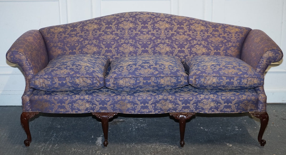 ANTIQUE ENGLISH COUNTRY HOUSE CHIPPENDALE CAMEL BACK FABRIC THREE SEATER SOFA