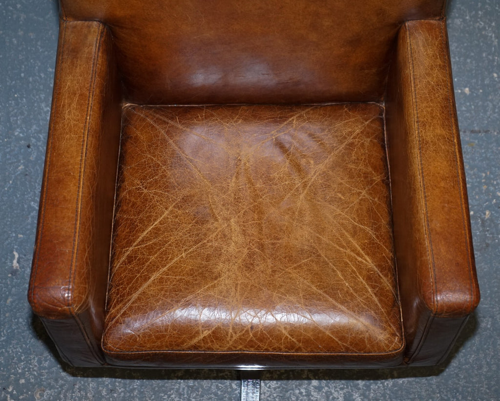 VINTAGE BROWN LEATHER AVIATOR METAL SWIVEL OFFICE CAPTAINS ARMCHAIR