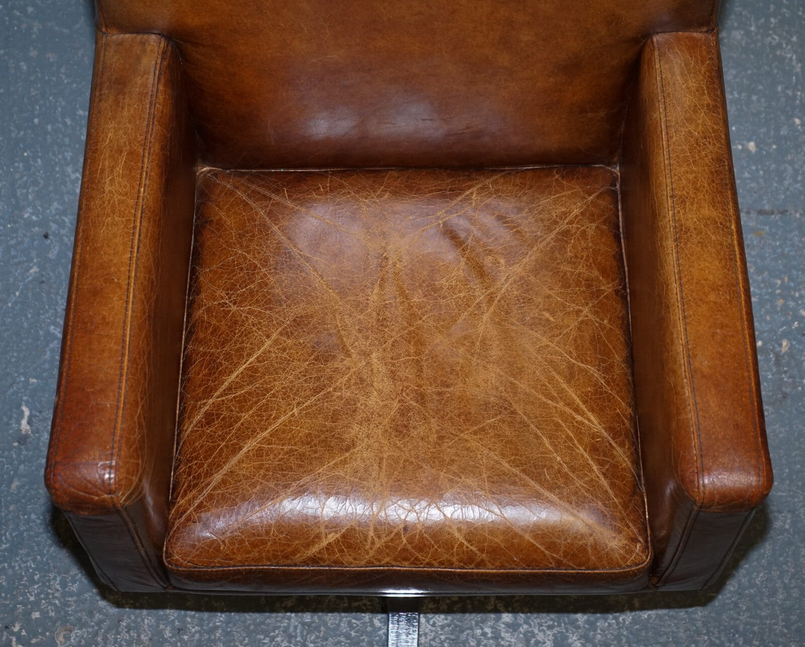 VINTAGE BROWN LEATHER AVIATOR METAL SWIVEL OFFICE CAPTAINS ARMCHAIR