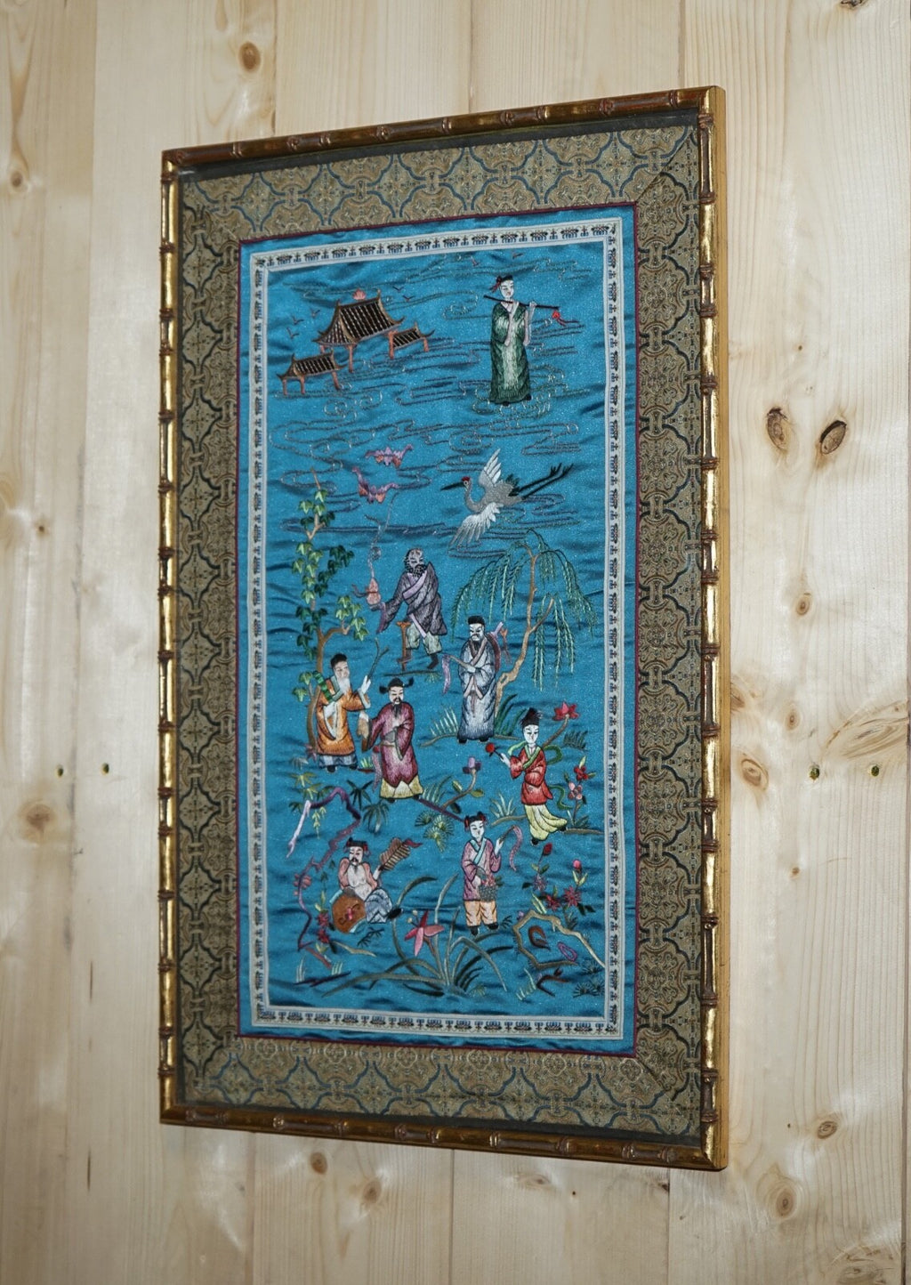 VINTAGE CHINESE HAND EMBROIDERED SILK TAPESTRY PANEL IN FAUX GILT BAMBOO FRAME