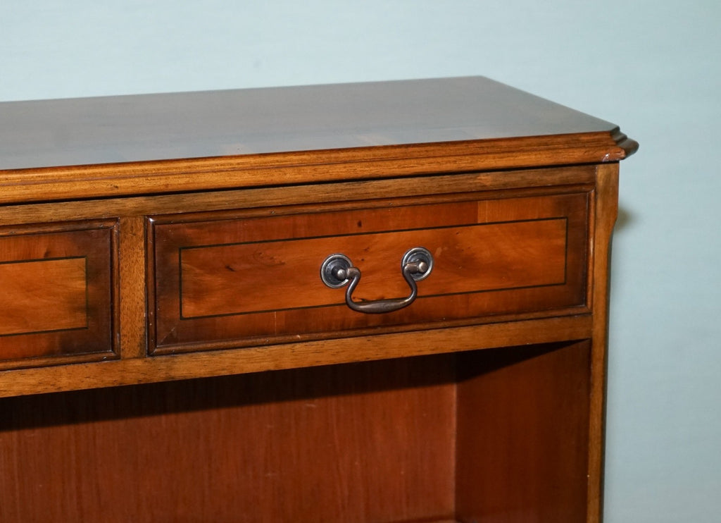 VINTAGE BURR YEW WOOD OPEN DWARF LIBRARY BOOKCASE WiTH TWO DRAWERS