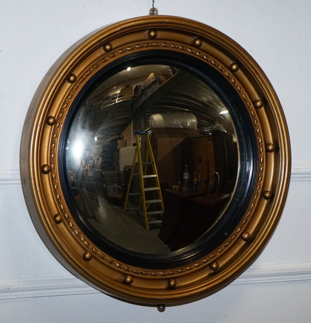 ANTIQUE 1920'S BUTLERS CONVEX BLACK & GOLD GILT WOOD WALL MIRROR
