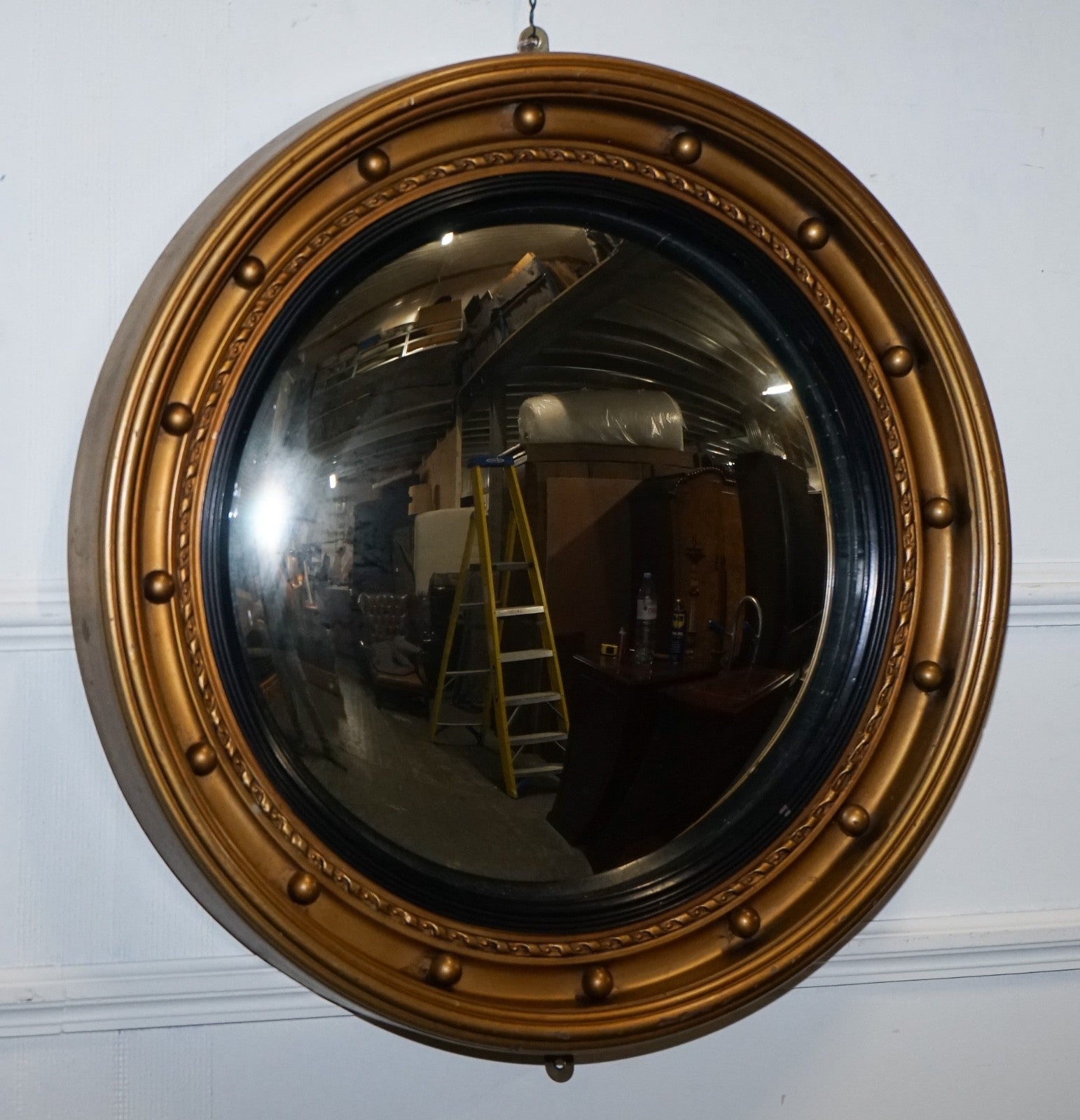 ANTIQUE 1920'S BUTLERS CONVEX BLACK & GOLD GILT WOOD WALL MIRROR