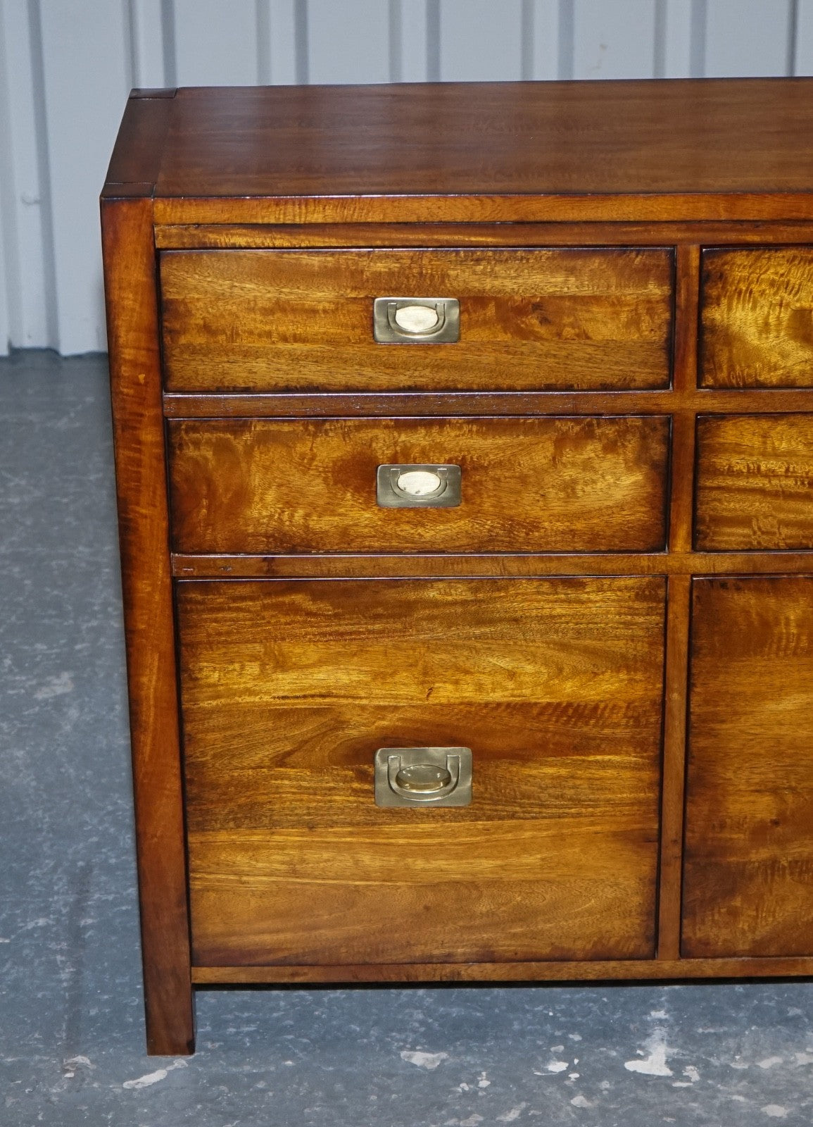 VINTAGE HARDWOOD & BRASS MILITARY CAMPAIGN STYLE BANK OF DRAWERS SIDEBOARD