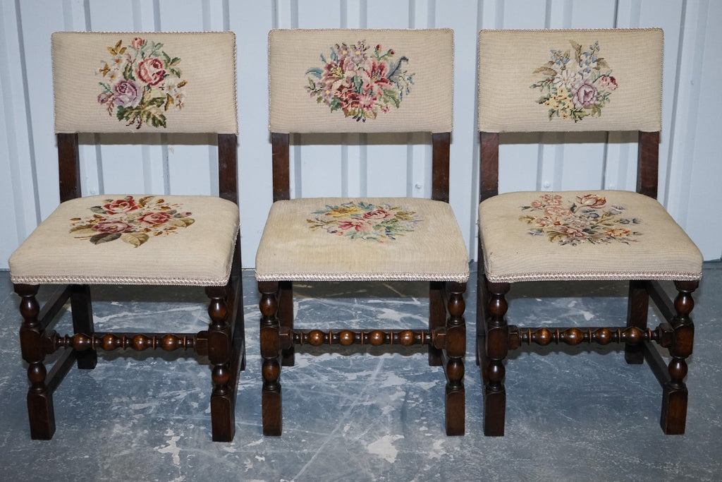 ENGLISH VICTORIAN SET OF SIX ORIGINAL FLORAL TAPESTRY UPHOLSTERY DINNING CHAIRS