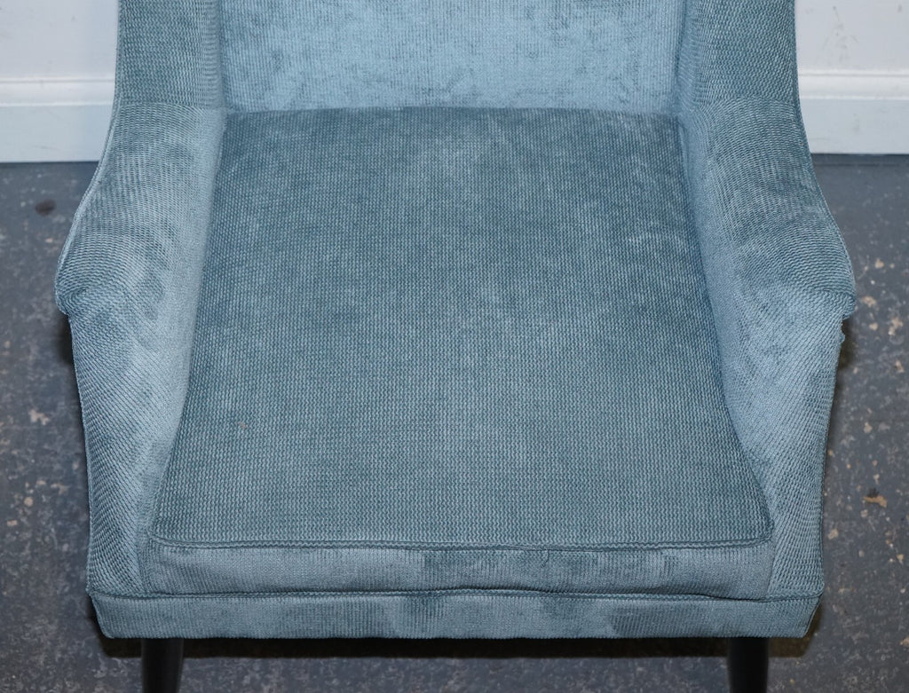 ELEGANT PALE BLUE VELVER SIDE CHAIR ARMCHAIR WITH BLACK AND GOLD LEGS