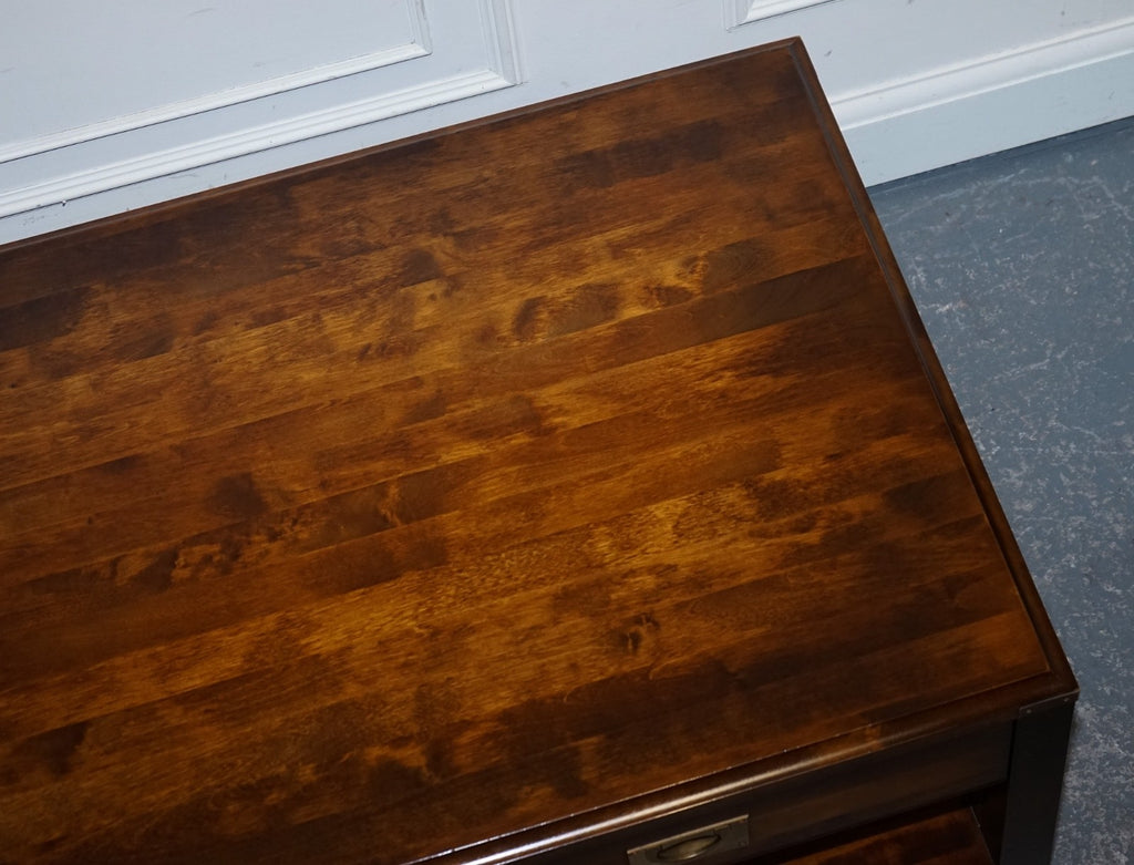 VINTAGE MILITARY CAMPAIGN MAHOGANY & BRASS COFFEE TABLE WITH TWO DRAWERS
