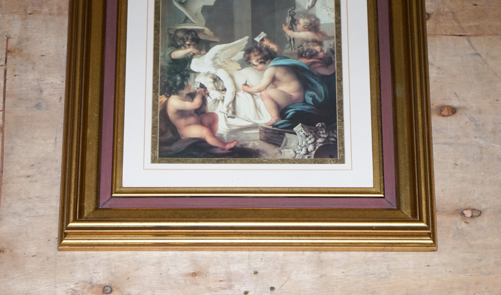 VINTAGE RENAISSANCE STYLE PRINT CHERUBS SCULPTING AN ANGEL GOLD FRAME 58 X 53 CM