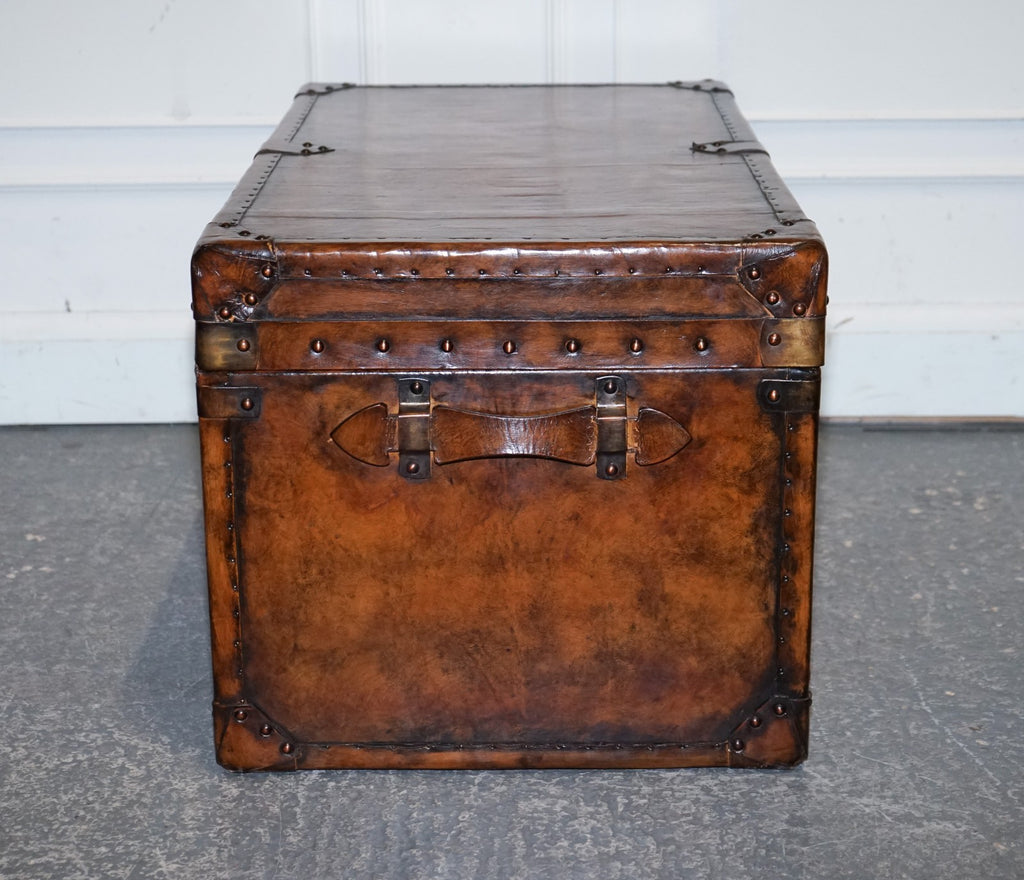 FULLY RESTORED HAND DYED BROWN LEATHER LOCKABLE STORAGE TRUNK