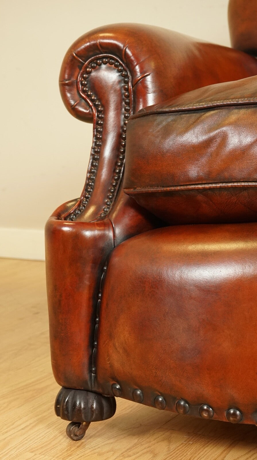 FULLY RESTORED HAND DYED WHISKY BROWN EDWARDIAN SOFA WITH FEATHER FILLED CUSHION