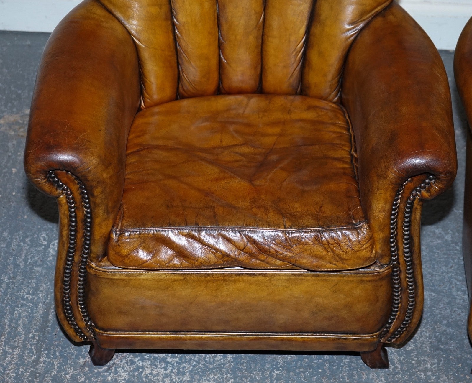 VINTAGE PAIR OF ART DECO STYLE HAND DYED LEATHER SHELL ARM CHAIRS