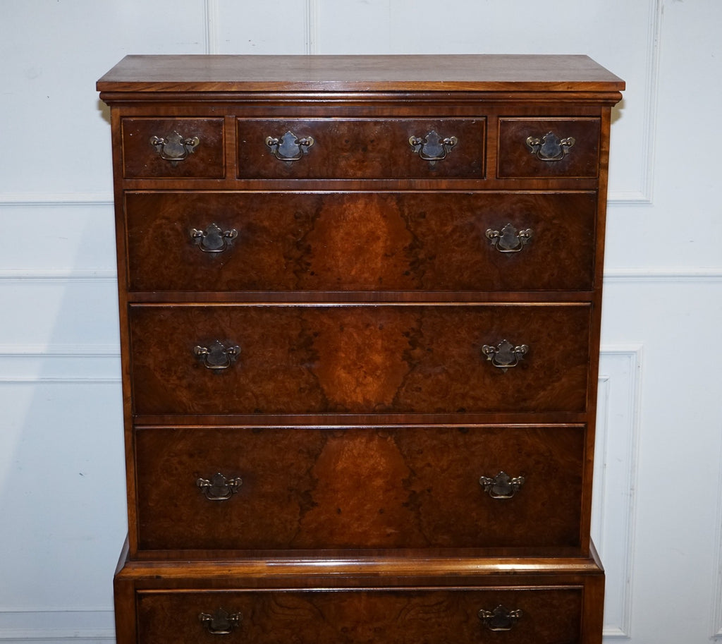 ANTIQUE GEORGIAN STYLE BURR WALNUT CHEST ON STAND WITH QUEEN ANNE LEGS