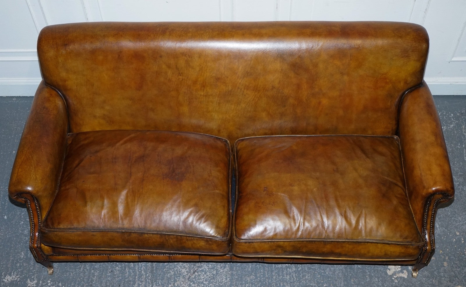 ENGLISH RESTORED HAND DYED LEATHER TWO TO THREE SEATER SOFA