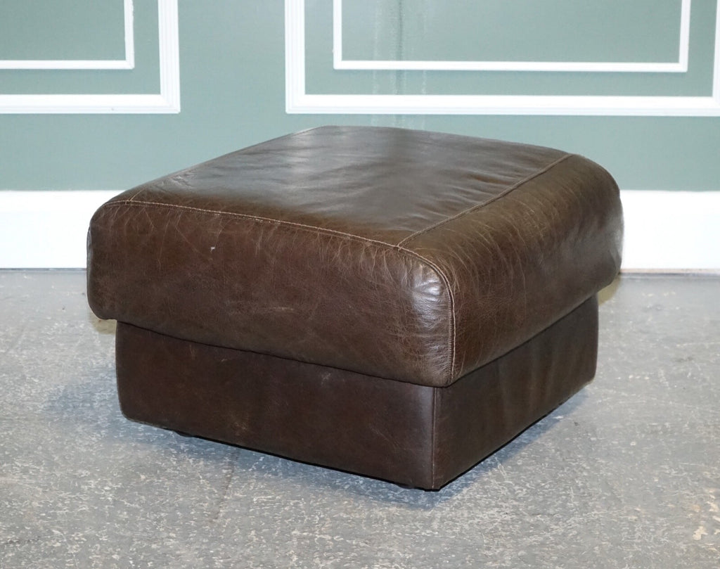 VINTAGE CHOCOLATE BROWN LEATHER FOOTSTOOL