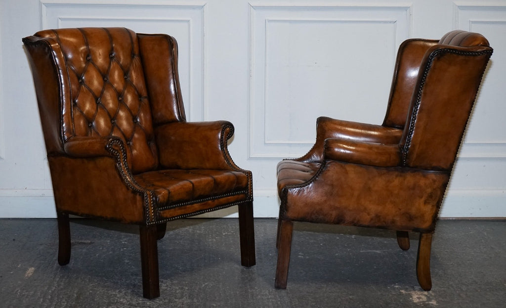STUNNING 1960'S HAND DYED BROWN LEATHER CHESTERFIELD WINGBACK ARMCHAIRS