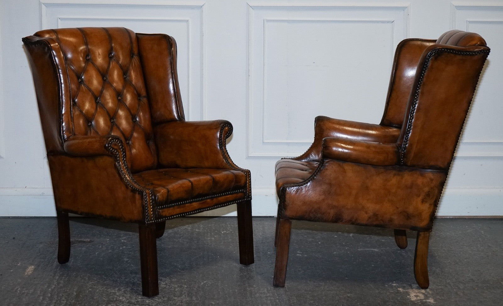 STUNNING 1960'S HAND DYED BROWN LEATHER CHESTERFIELD WINGBACK ARMCHAIRS