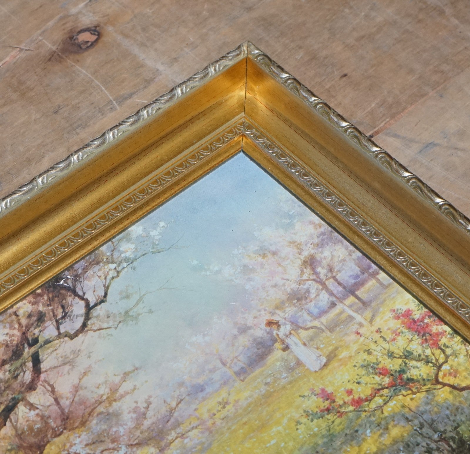 PAINTING PRINT GOLDEN FRAME''PICKING FLOWERS''BY ALFRED GLENDENING JR. 42X52 CM