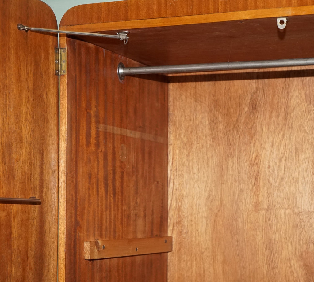 1930s PETITE VINTAGE ENGLISH ART DECO BURR WALNUT DOUBLE WARDROBE LINEN PRESS