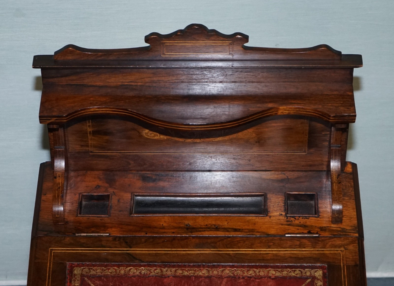VICTORIAN LADIES WRITING DAVENPORT DESK WITH INLAY & LEATHER WRITING SURFACE