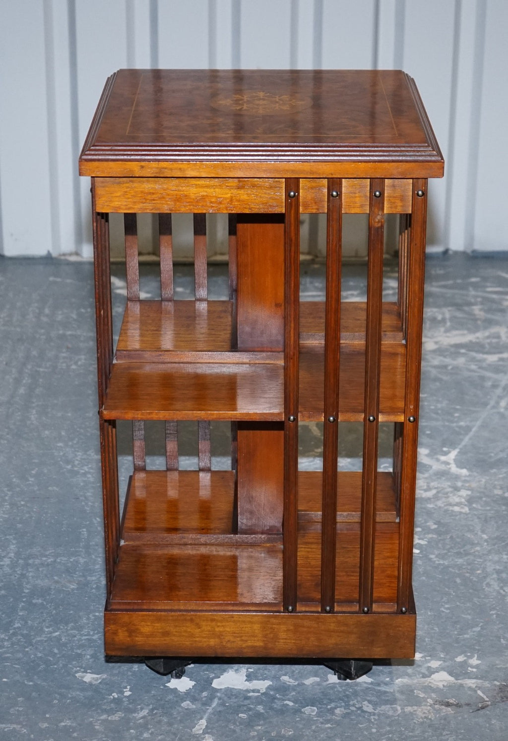 VINTAGE BURR WALNUT TOP REVOLVING BOOKCASE RAISED ON CASTORS