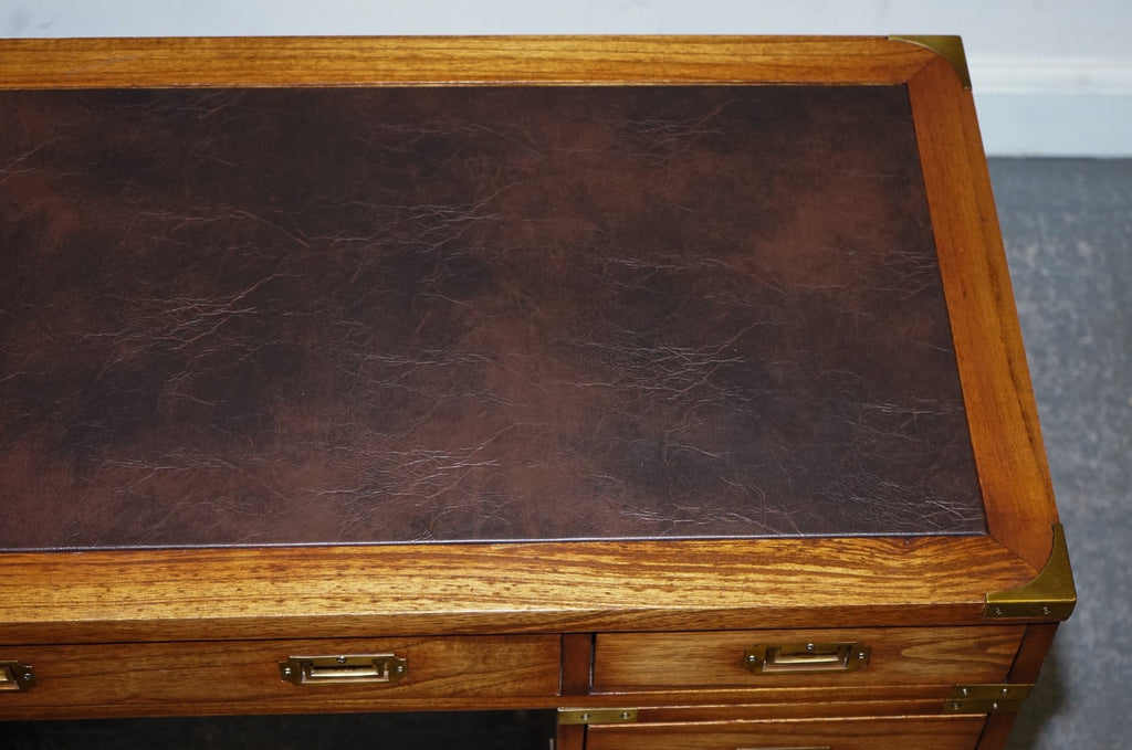 VINTAGE MILITARY CAMPAIGN TWIN PEDESTAL DESK WITH BRASS FITTINGS