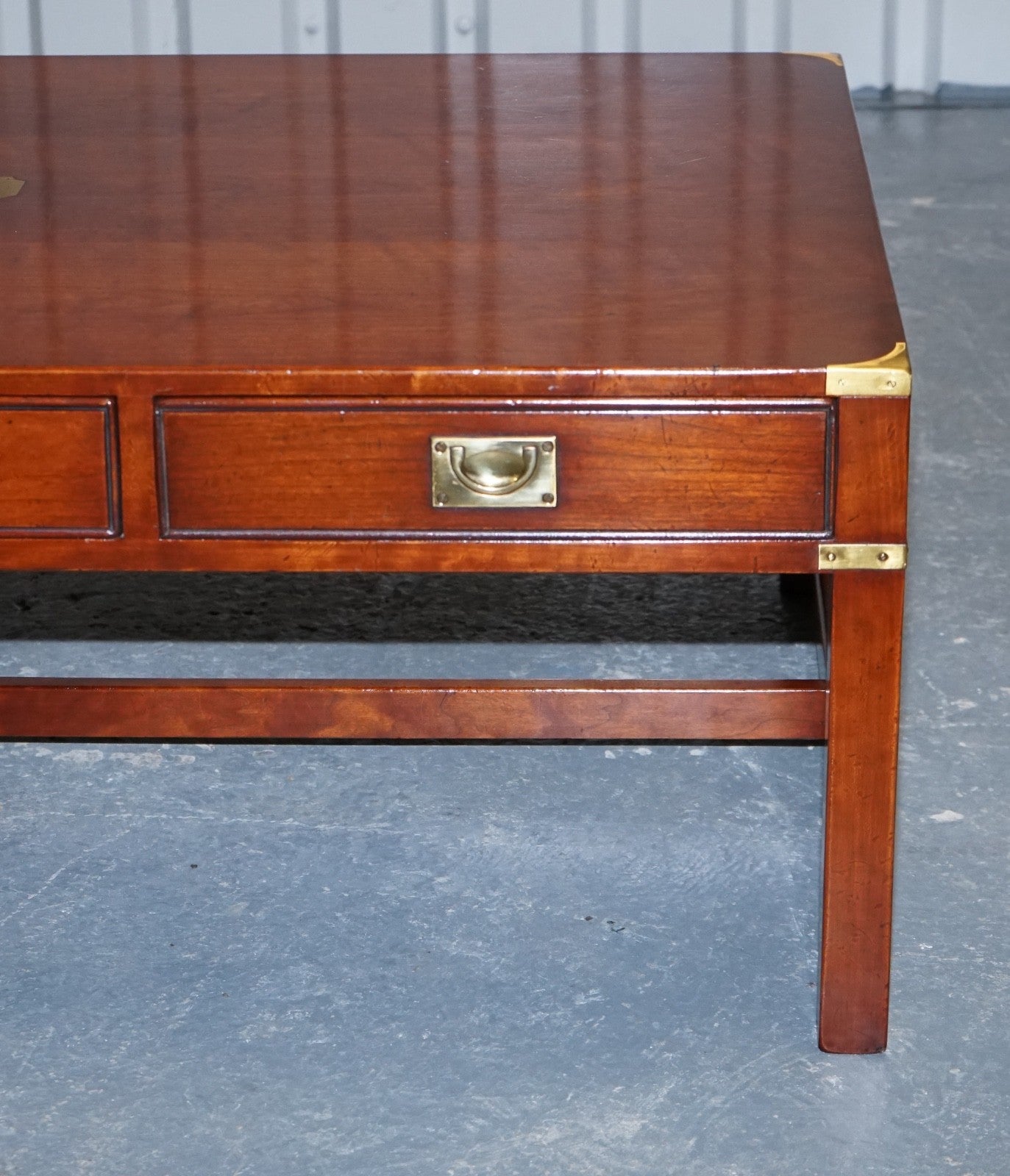 LARGE MILITARY CAMPAIGN REH KENNEDY HARRODS COFFEE TABLE WITH THREE DEEP DRAWERS