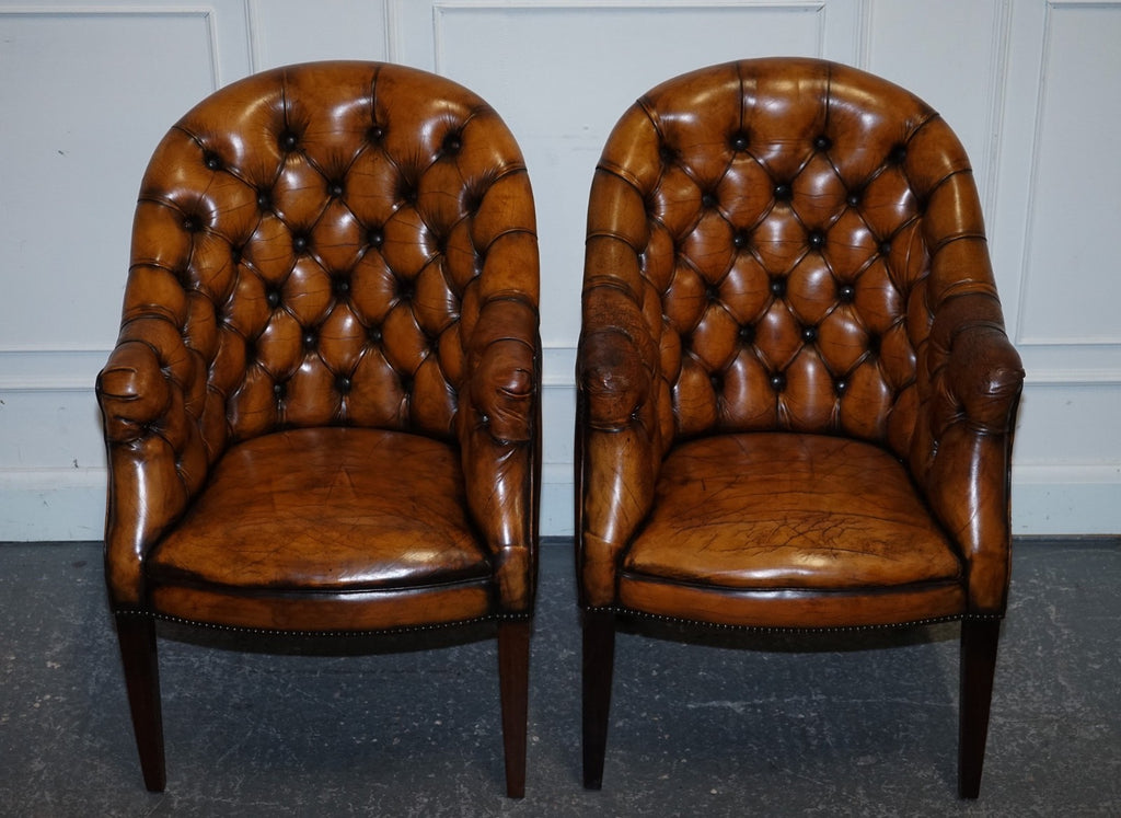 SET OF FOUR ENGLISH CHESTERFIELD HAND DYED LEATHER OFFICE LIBRARY TUB CHAIRS