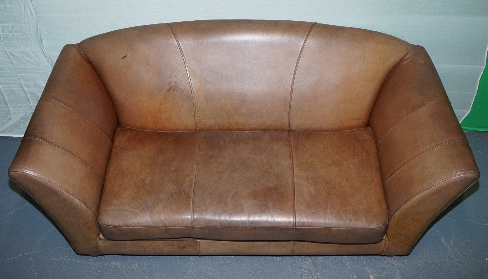 VINTAGE ART DECO STYLE BROWN LEATHER TWO SEATER SOFA