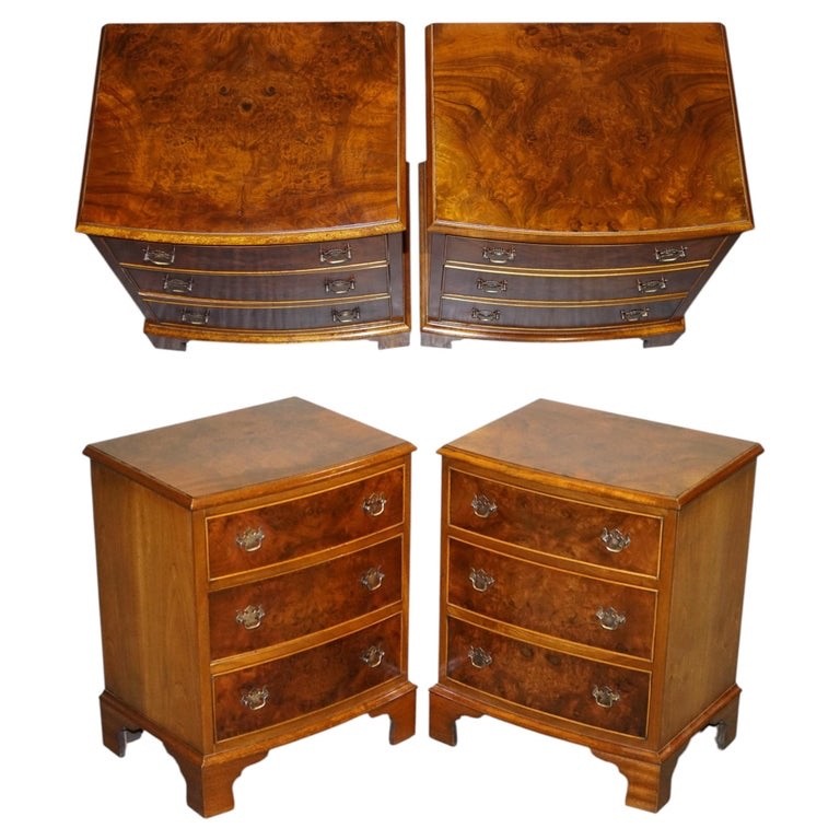 PAIR OF RESTORED BURR WALNUT BEDSIDE NIGHTSTAND CHEST OF DRAWERS