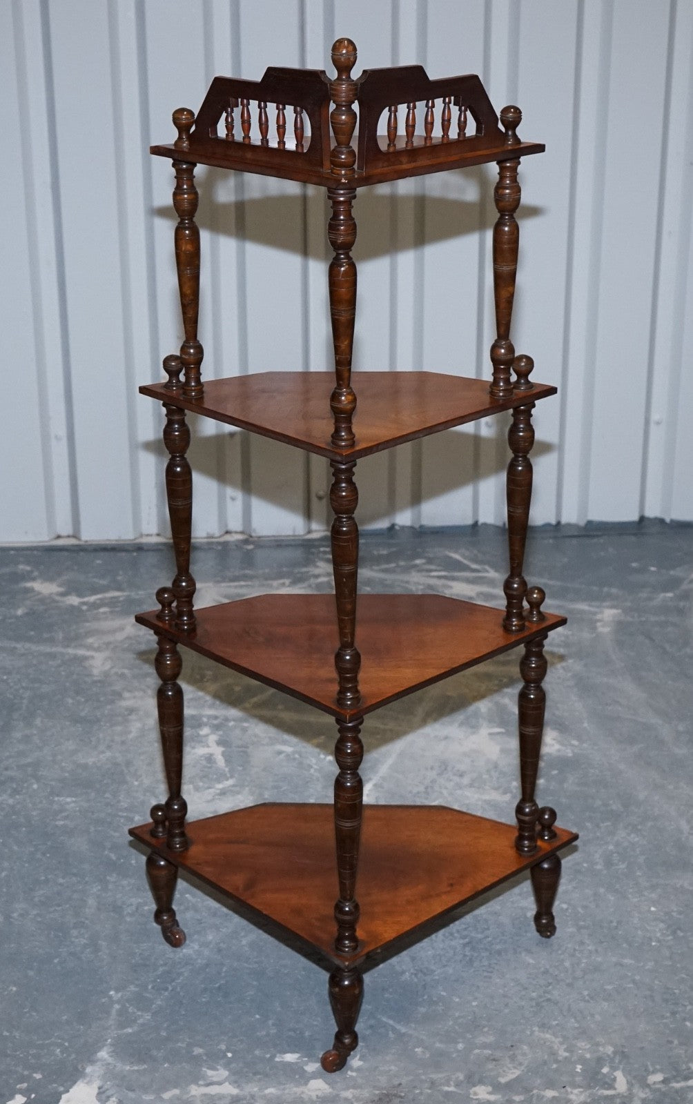 VICTORIAN ENGLISH INLAID BURR WALNUT CORNER WHATNOT STAND