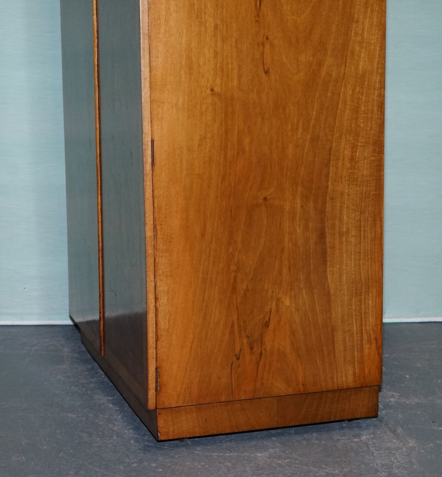 1930s PETITE VINTAGE ENGLISH ART DECO BURR WALNUT DOUBLE WARDROBE LINEN PRESS