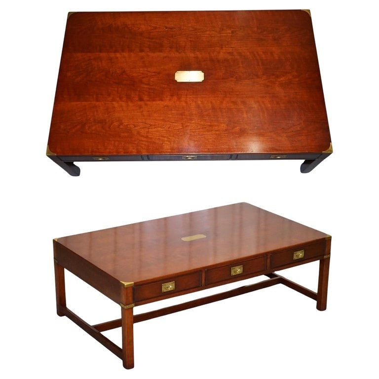 LARGE MILITARY CAMPAIGN REH KENNEDY HARRODS COFFEE TABLE WITH THREE DEEP DRAWERS