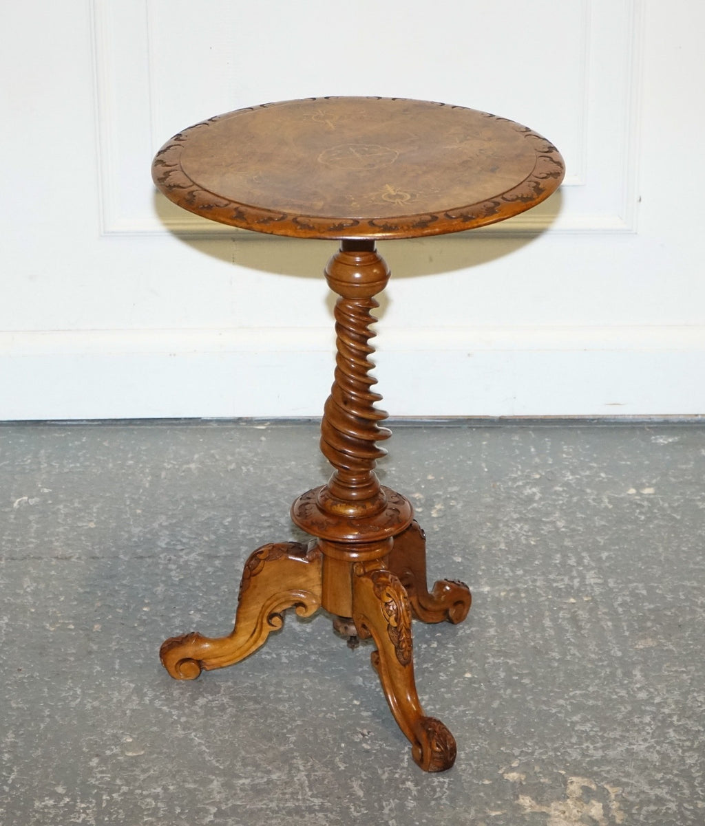 ANTIQUE MARQUETRY BURR WALNUT PEDESTAL SIDE END TABLE WITH CARVED & TURNED BASE