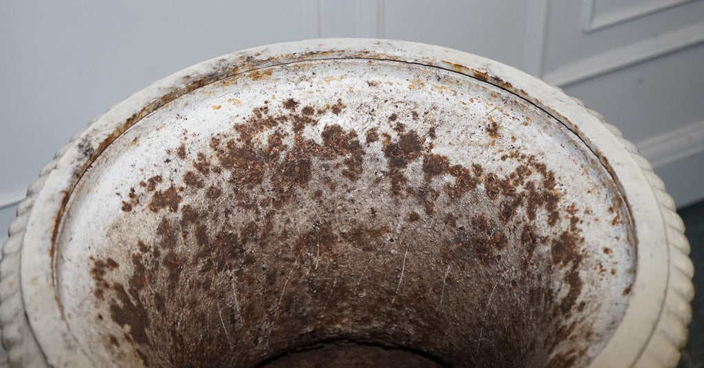 VICTORIAN PAINTED CAST IRON URN FLARED BEADED RIMS ABOVE SCROLLiNG ACANTHUS
