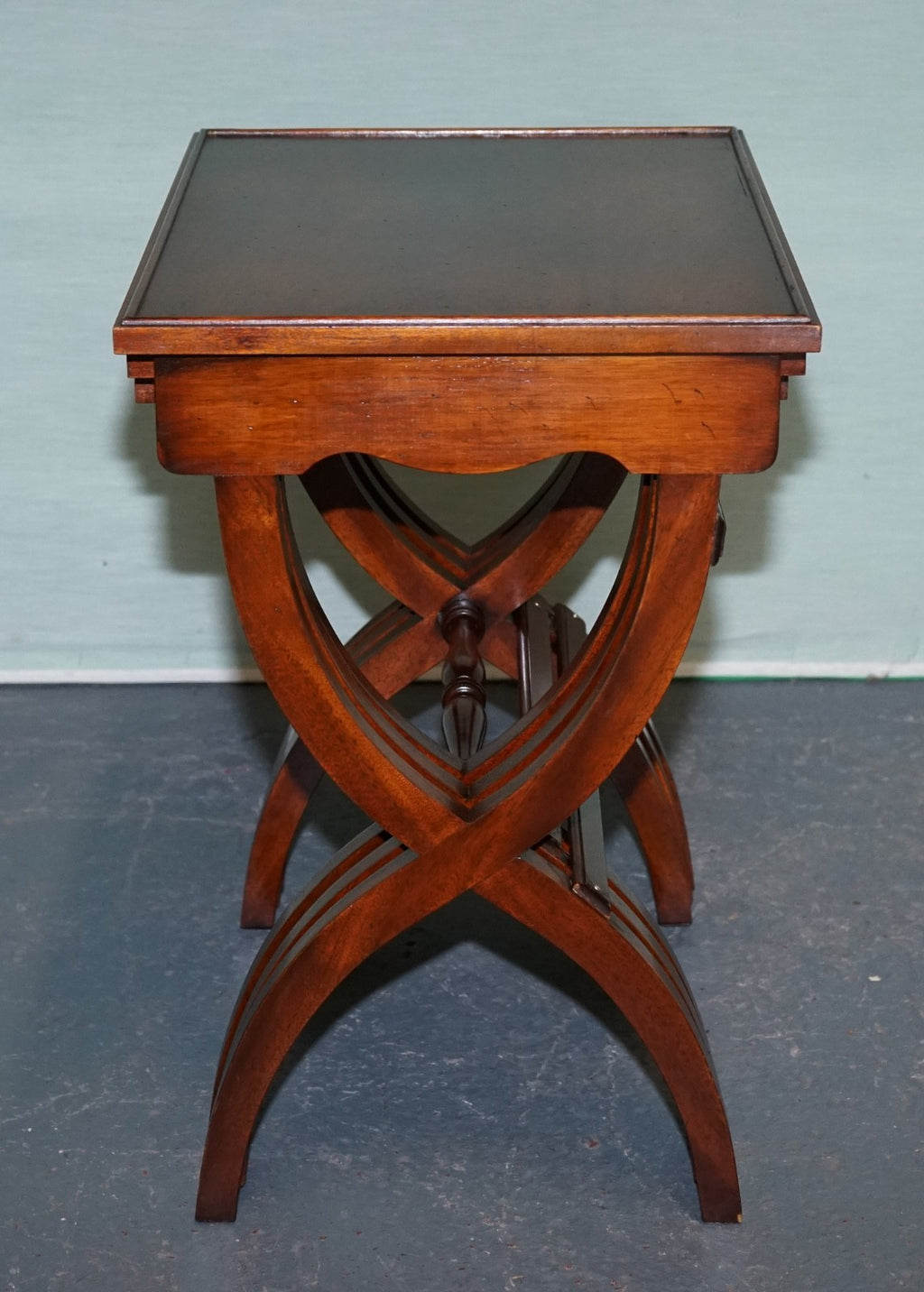 VINTAGE HARDWOOD NEST OF TABLES WITH LYRE FORM LEGS