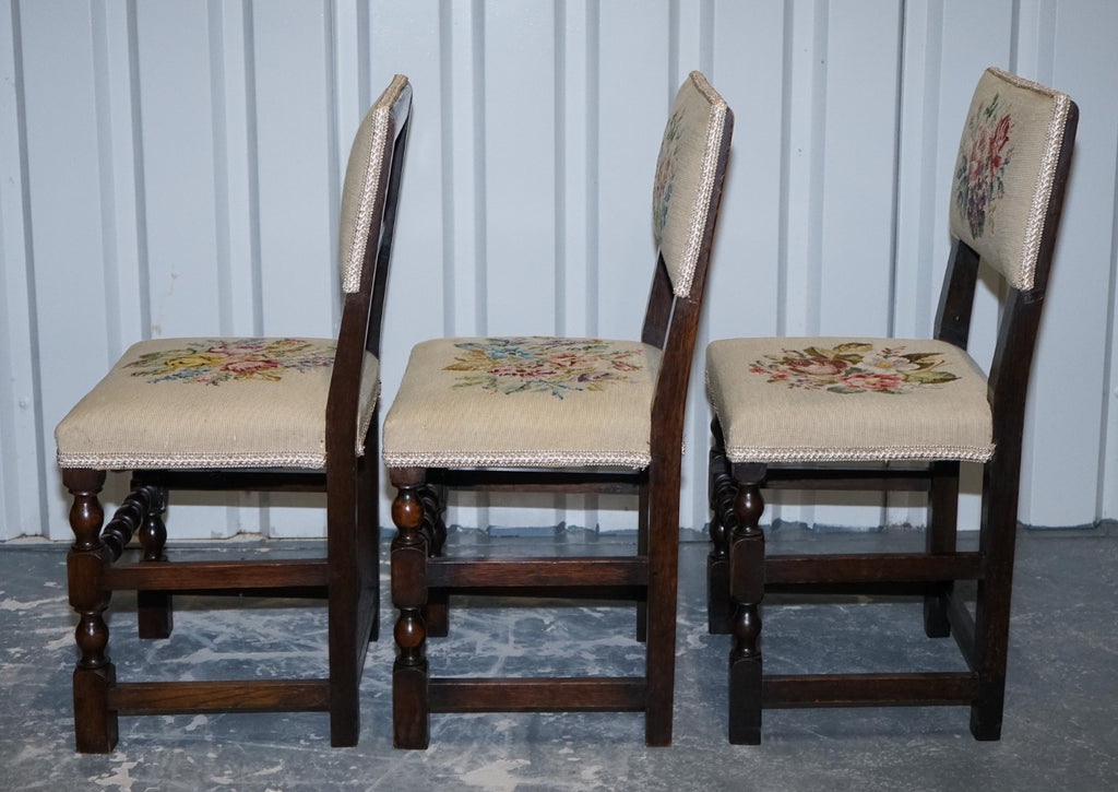 ENGLISH VICTORIAN SET OF SIX ORIGINAL FLORAL TAPESTRY UPHOLSTERY DINNING CHAIRS