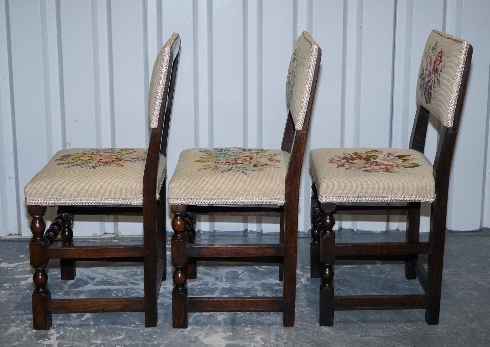 ENGLISH VICTORIAN SET OF SIX ORIGINAL FLORAL TAPESTRY UPHOLSTERY DINNING CHAIRS