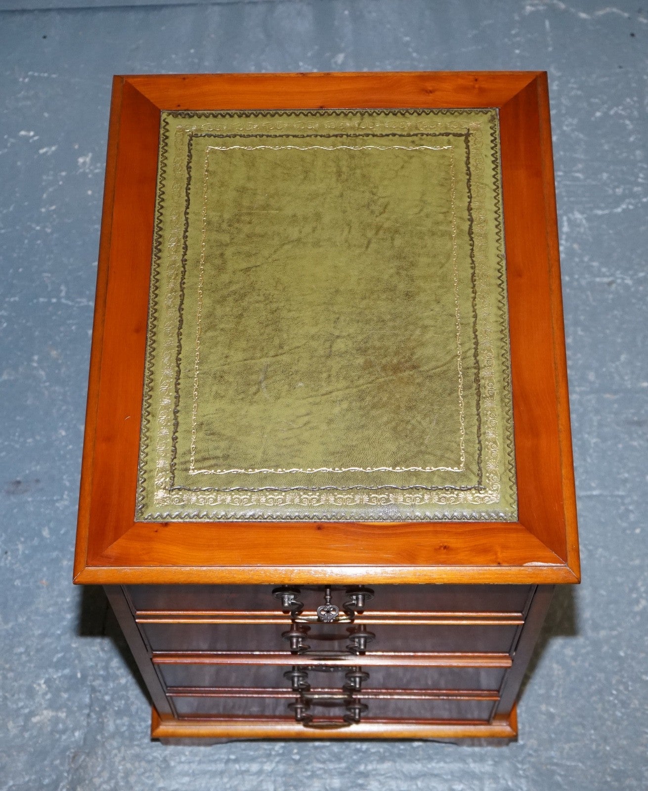 VINTAGE YEW WOOD FILLING CABINET WITH GREEN LEATHER TOP AND TWO DRAWERS