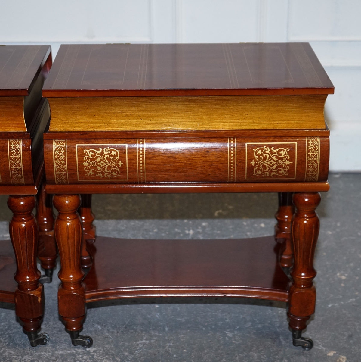 MATCHING PAIR OF WOODEN FAUX BOOKS STACK SIDE END WINE TABLES WITH STORAGE