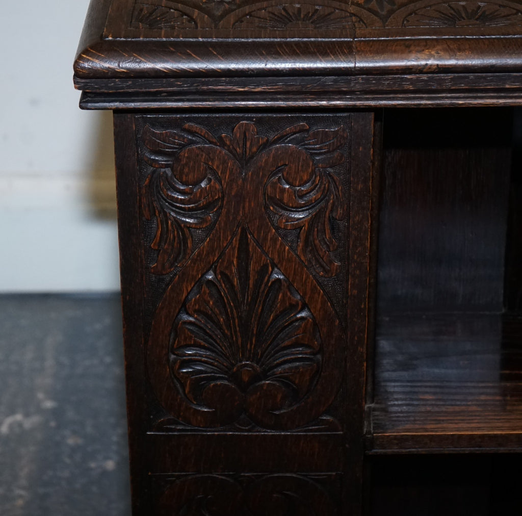 ANTIQUE VICTORIAN ENGLISH SOLID OAK CARVED JACOBEAN REVOLVING OPEN BOOKCASE