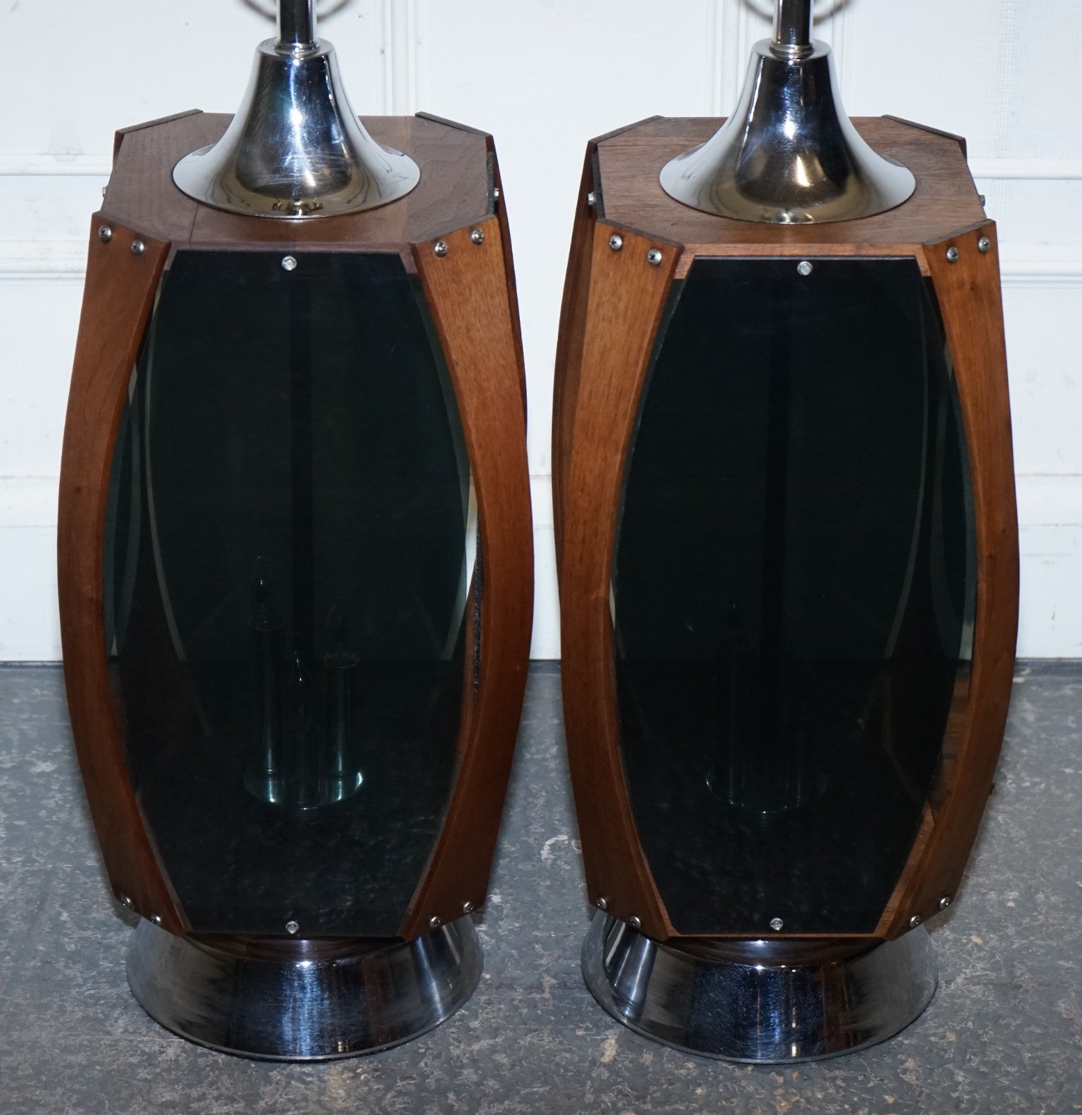 PAIR OF LARGE MODERN DANISH ACRYLIC & TEAK MID CENTURY LAMPS