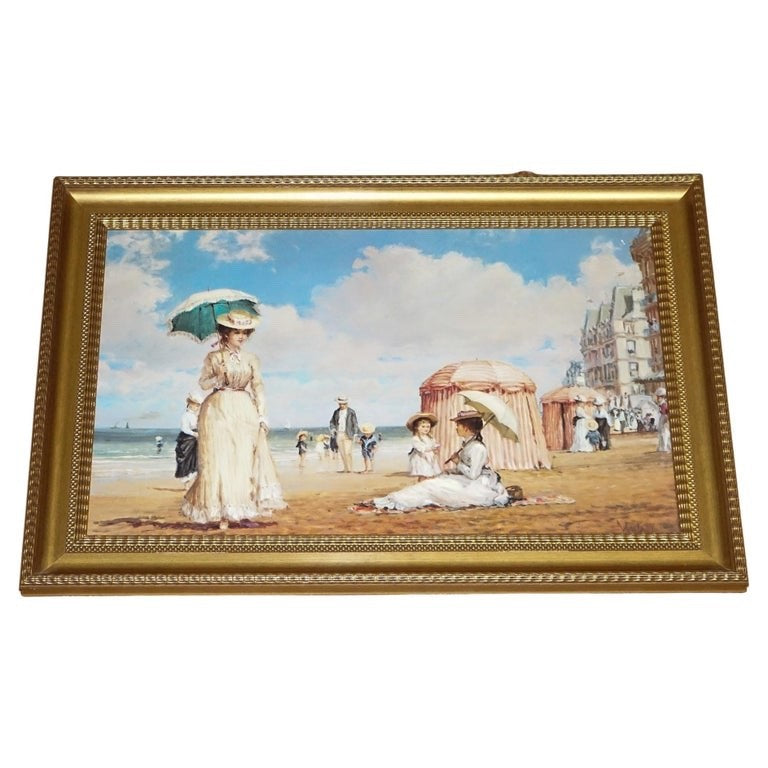 VINTAGE VICTORIAN STYLE PRINT IN GILTED FRAME ''CAREFREE DAYS'' BEACH 66 X 96 CM