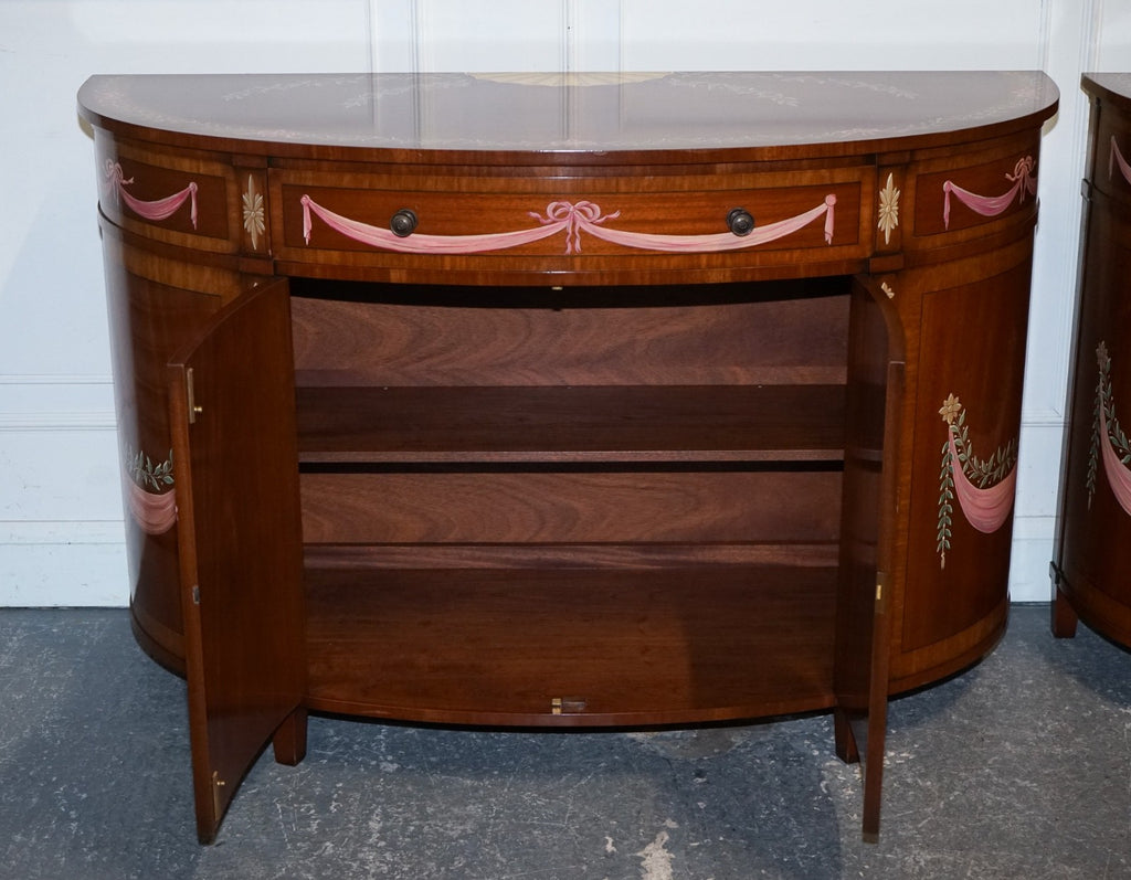 FINE SUBSTANTIAL PAIR OF HAND PAINTED DEMI LUNE SHERATON STYLE CONSOLE CABINETS