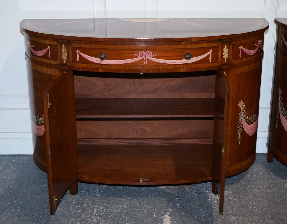FINE SUBSTANTIAL PAIR OF HAND PAINTED DEMI LUNE SHERATON STYLE CONSOLE CABINETS