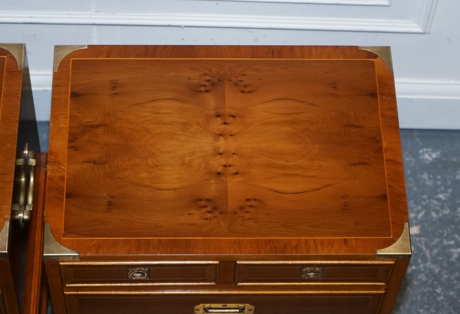 A PAIR OF YEW WOOD & BRASS ENGLISH MILITARY CAMPAIGN END CABINETS NIGHTSTANDS