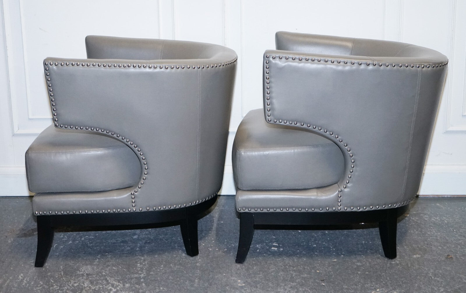 CONTEMPORARY COACH HOUSE GREY LEATHER ROUND BACK ARMCHAIRS WiTH STUDS