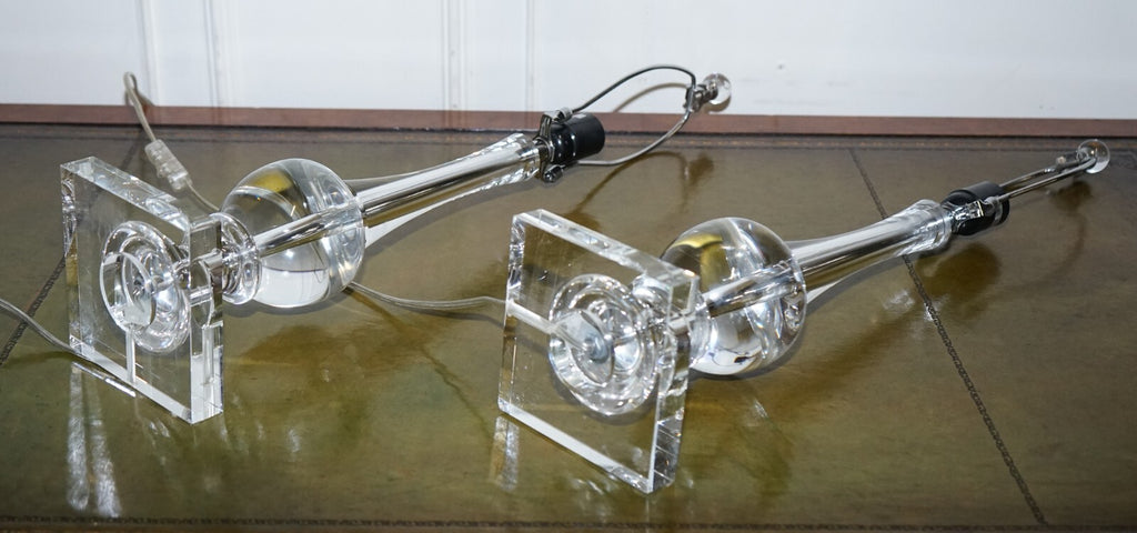 PAIR OF CLEAR GLASS TABLE LAMPS WITH BLACK SHADES