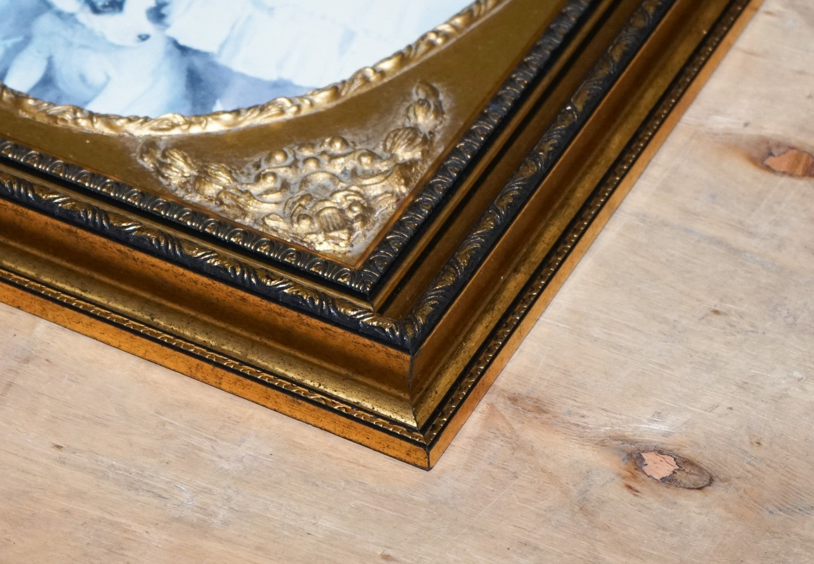 VINTAGE PRINT GILTED FRAME LITTLE GIRL AND DOG POSING 52 X 42 CM