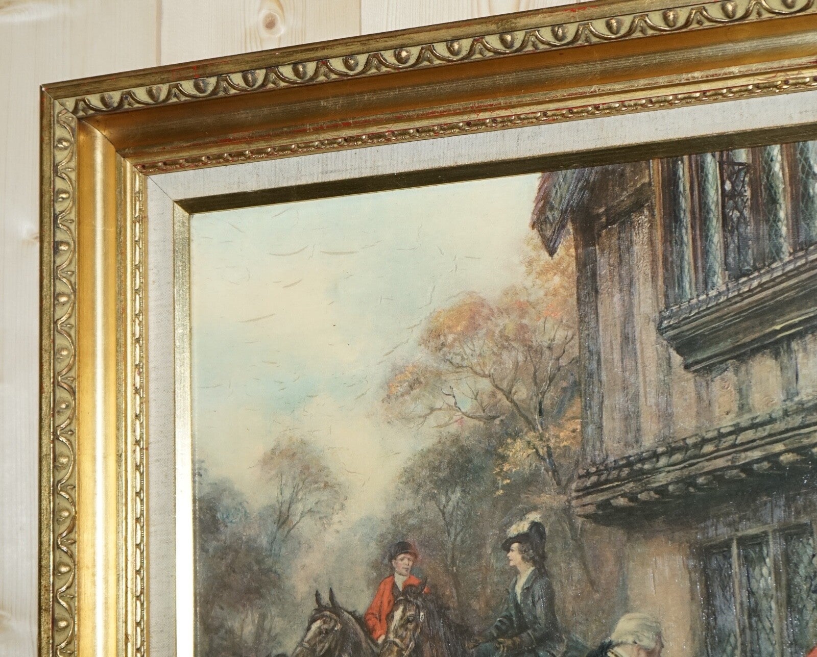 OIL PAINTING IN MANNER OF F.M.  BENNETT ''MEET AT THE LODGE' GILT STYLE FRAME