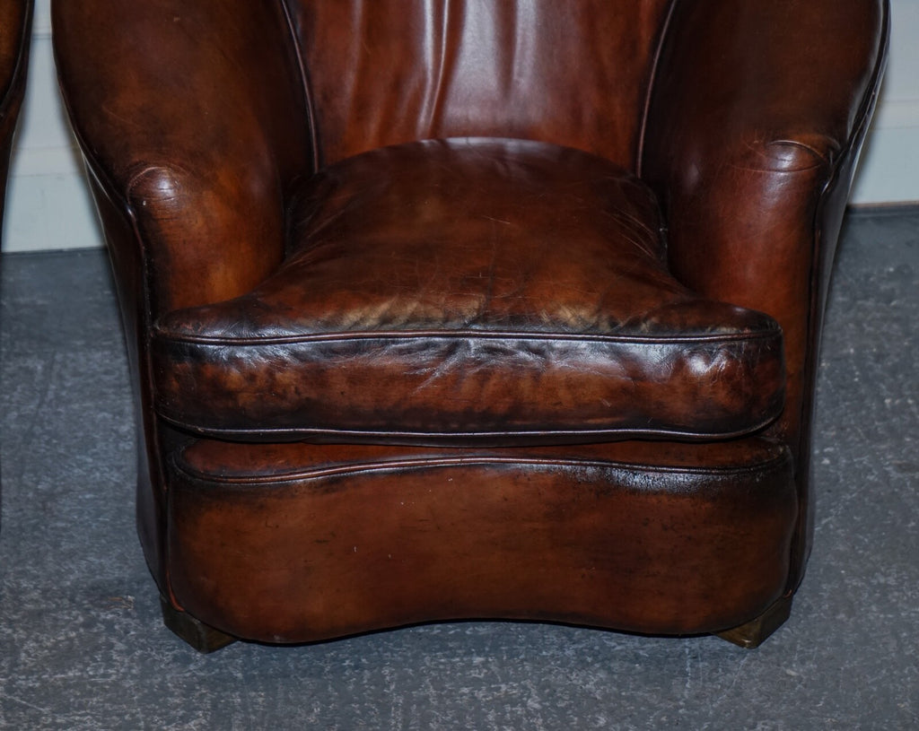 1920'S ART DECO RESTORED HAND DYED WHISKEY BROWN SUITE SOFA ARMCHAIRS FOOTSTOOLS